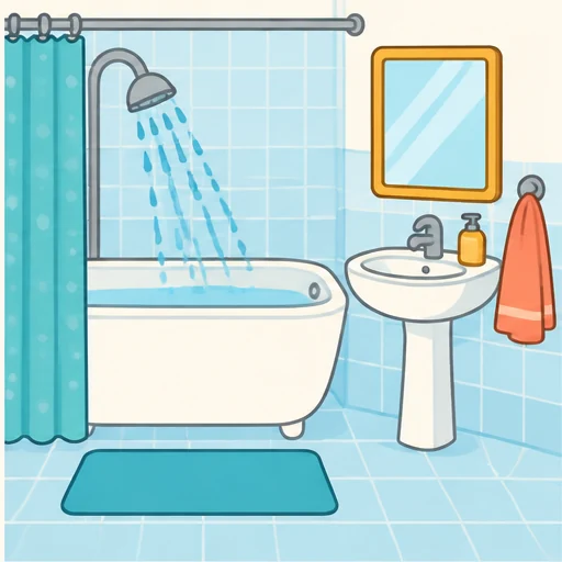 Kamar mandi dengan bak mandi, pancuran, dan wastafel