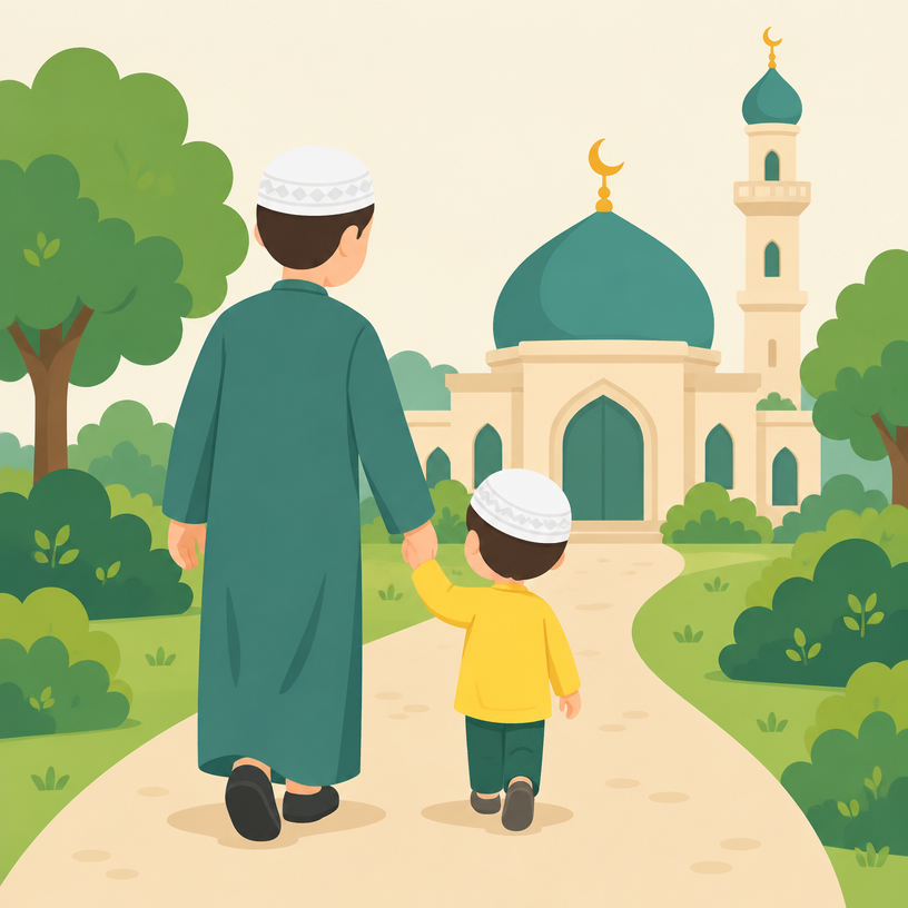 Ayah dan anak berjalan menuju masjid
