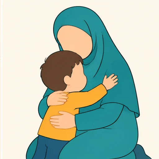 Ibu berjilbab memeluk anaknya