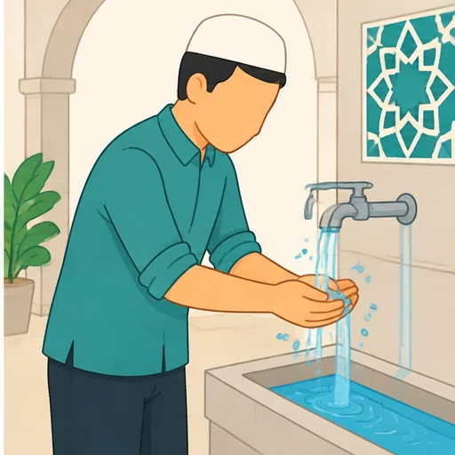 Laki-laki sedang berwudu di keran