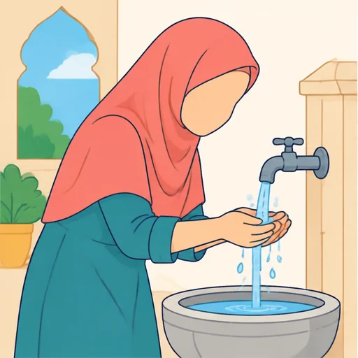 Wanita berjilbab sedang berwudu di keran
